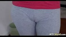 The sexy housekeeper in her tights sees her pussy and proposes to him to undress